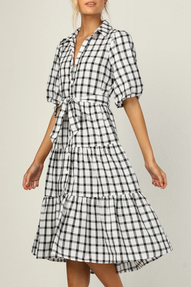 Fashion Elegant Plaid Buttons Flounce POLO collar A Line Dresses