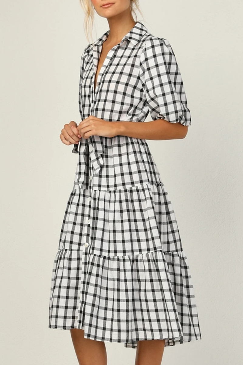 Fashion Elegant Plaid Buttons Flounce POLO collar A Line Dresses