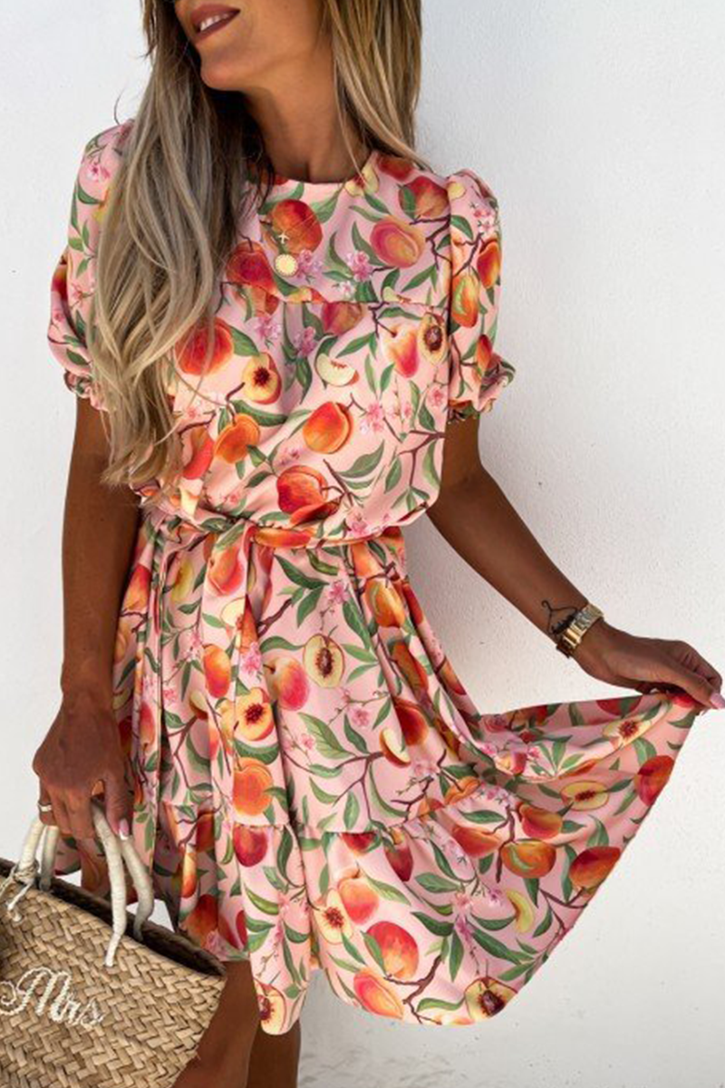 Fashion Elegant Floral With Belt O Neck A Line Dresses