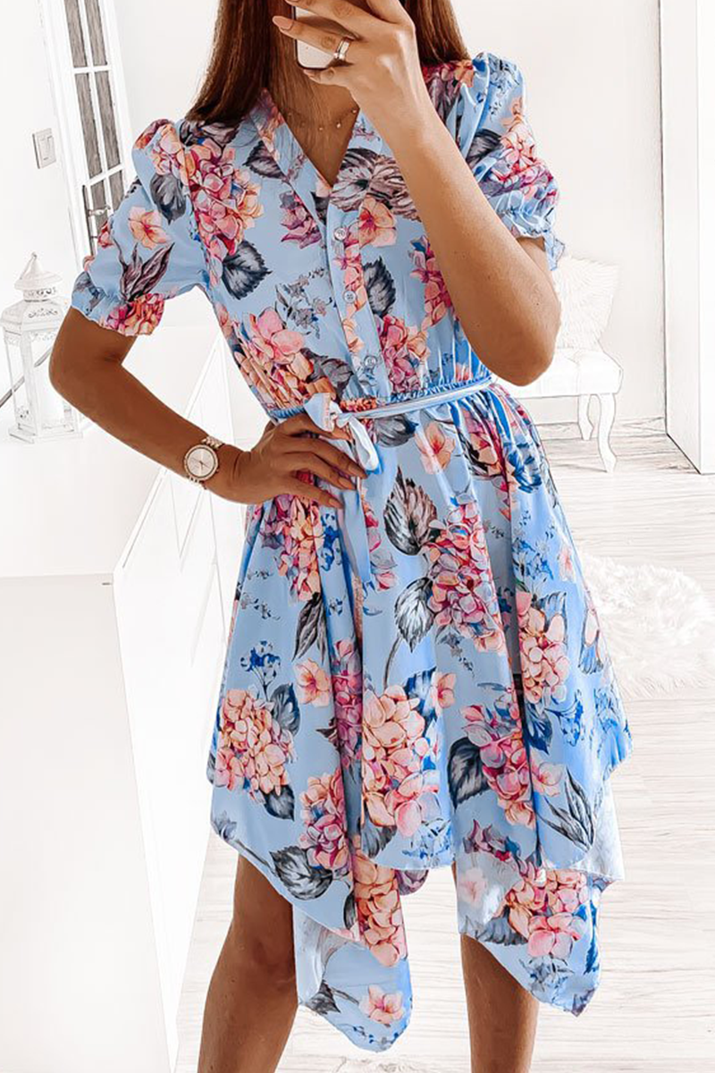 Fashion Elegant Floral Frenulum V Neck Irregular Dress Dresses
