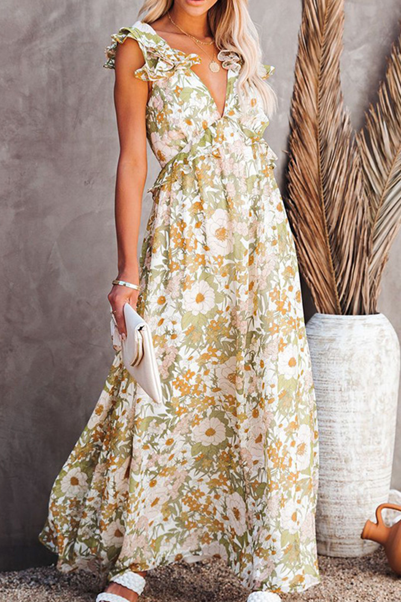 Fashion Elegant Floral Backless With Bow V Neck A Line Dresses