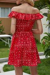 Fashion Elegant Print Buckle Flounce Off the Shoulder A Line Dresses