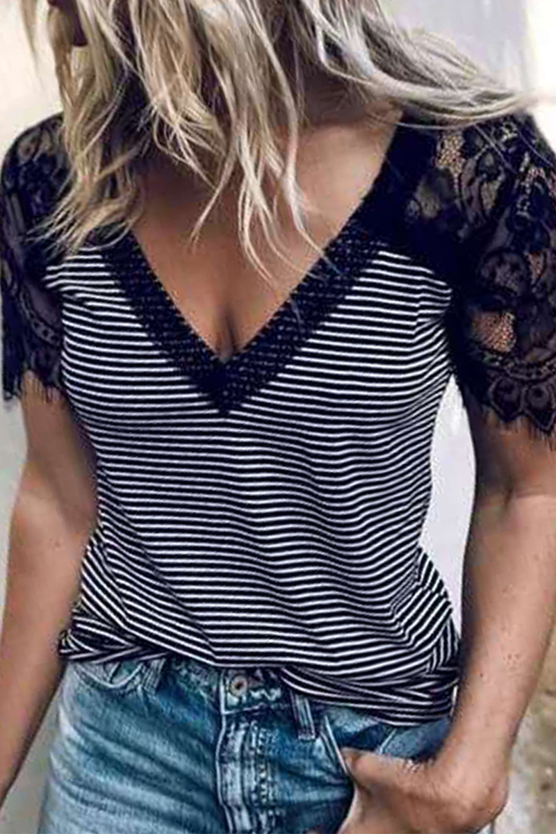 Casual Striped Lace Split Joint V Neck T-Shirts