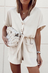 Casual Solid Pocket Buttons V Neck Loose Jumpsuits