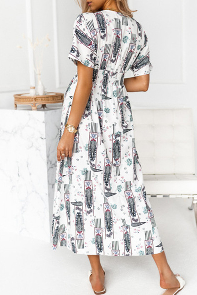 Fashion Elegant Print Tassel Split Joint V Neck A Line Dresses