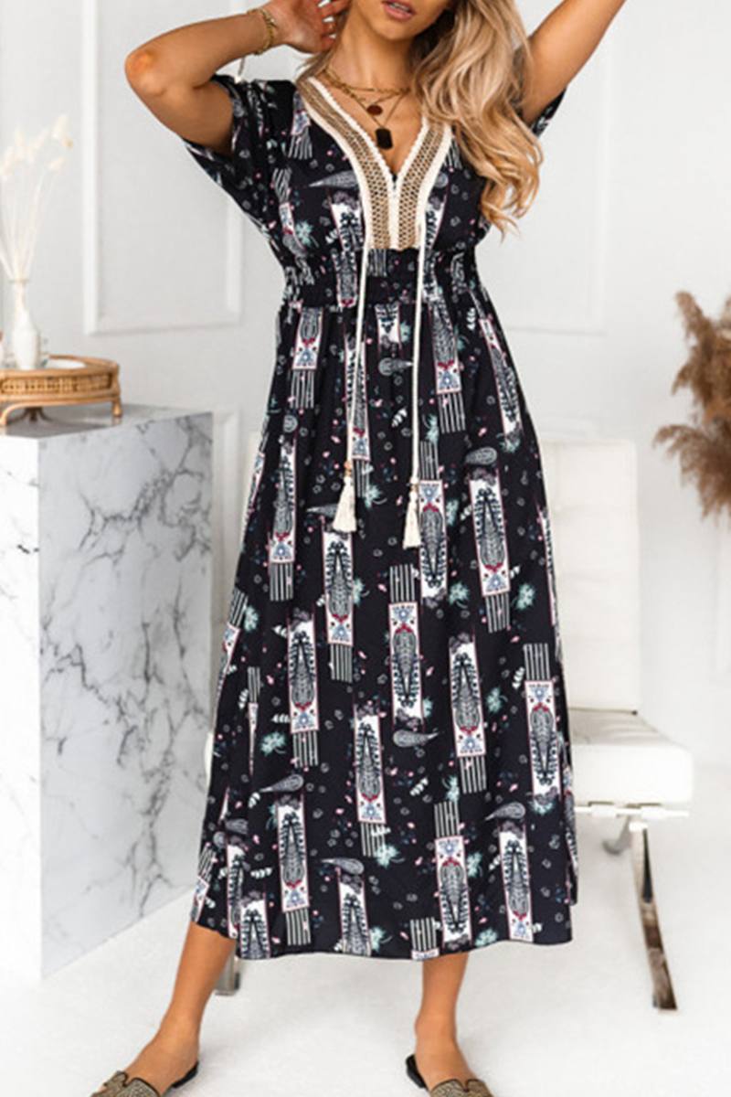 Fashion Elegant Print Tassel Split Joint V Neck A Line Dresses