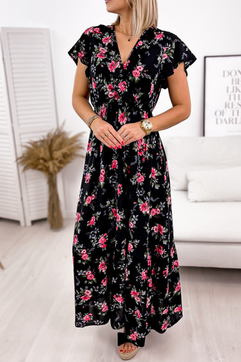 Fashion Elegant Floral Flounce V Neck A Line Dresses(4 Colors)