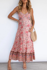 Bohemian Floral Flounce V Neck A Line Dresses