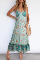 Bohemian Floral Flounce V Neck A Line Dresses