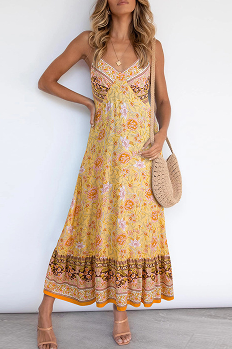 Bohemian Floral Flounce V Neck A Line Dresses