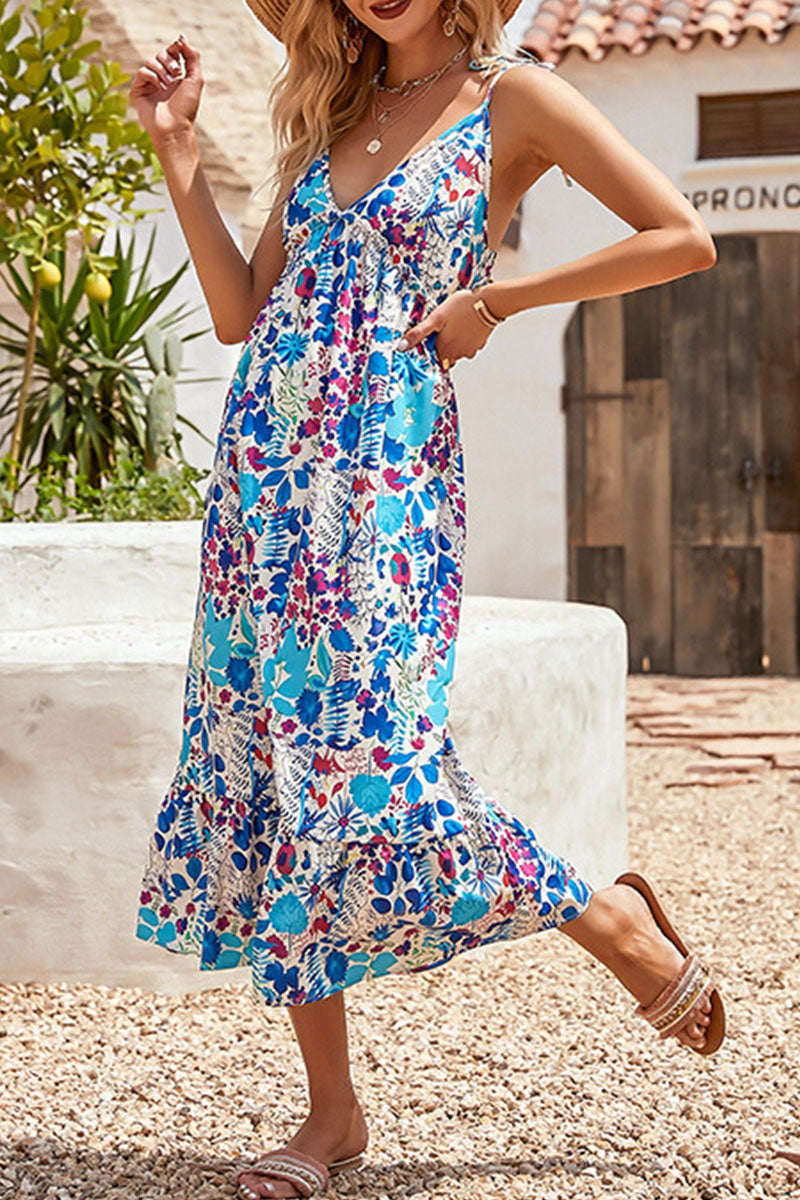 Fashion Elegant Print Split Joint V Neck A Line Dresses