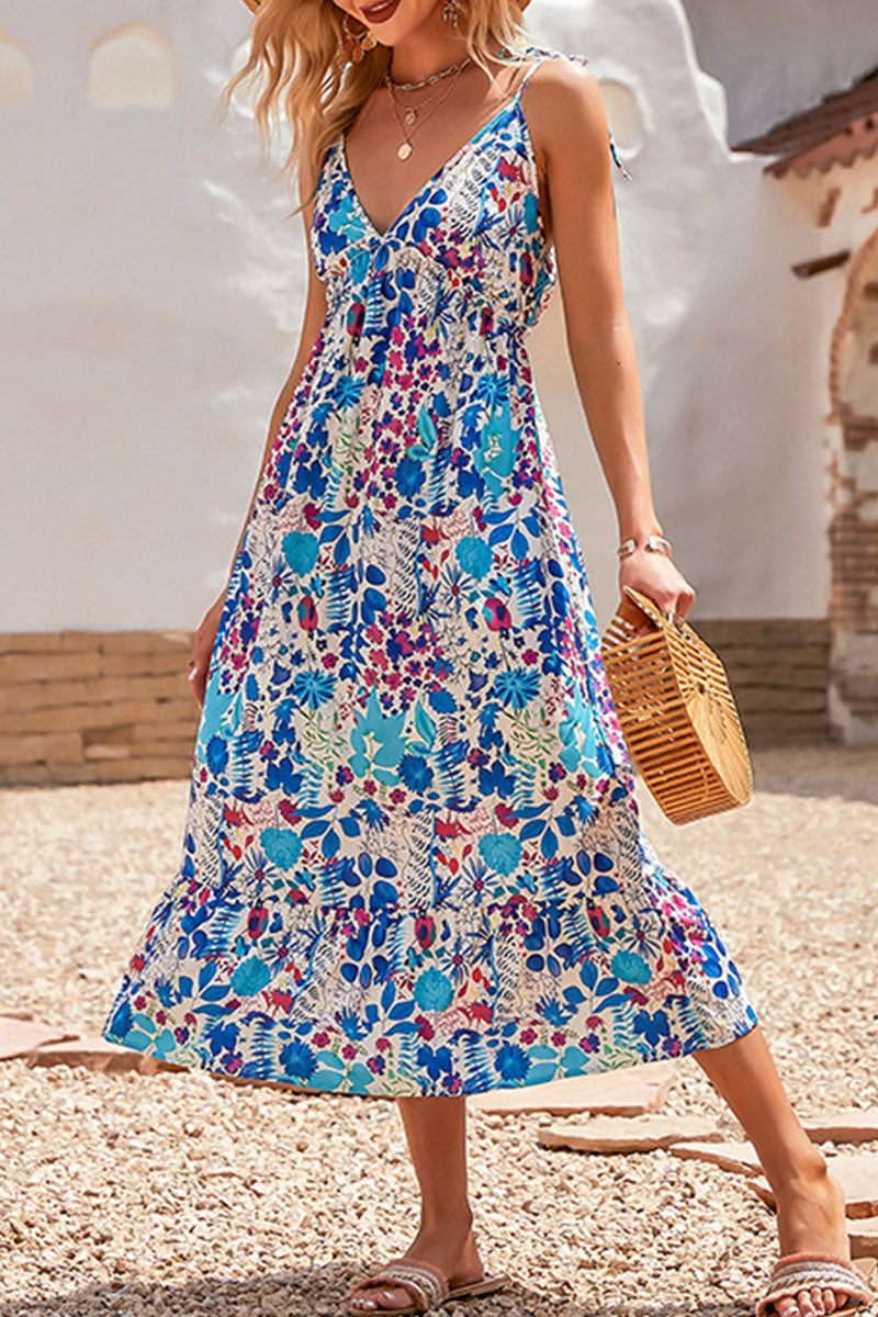 Fashion Elegant Print Split Joint V Neck A Line Dresses