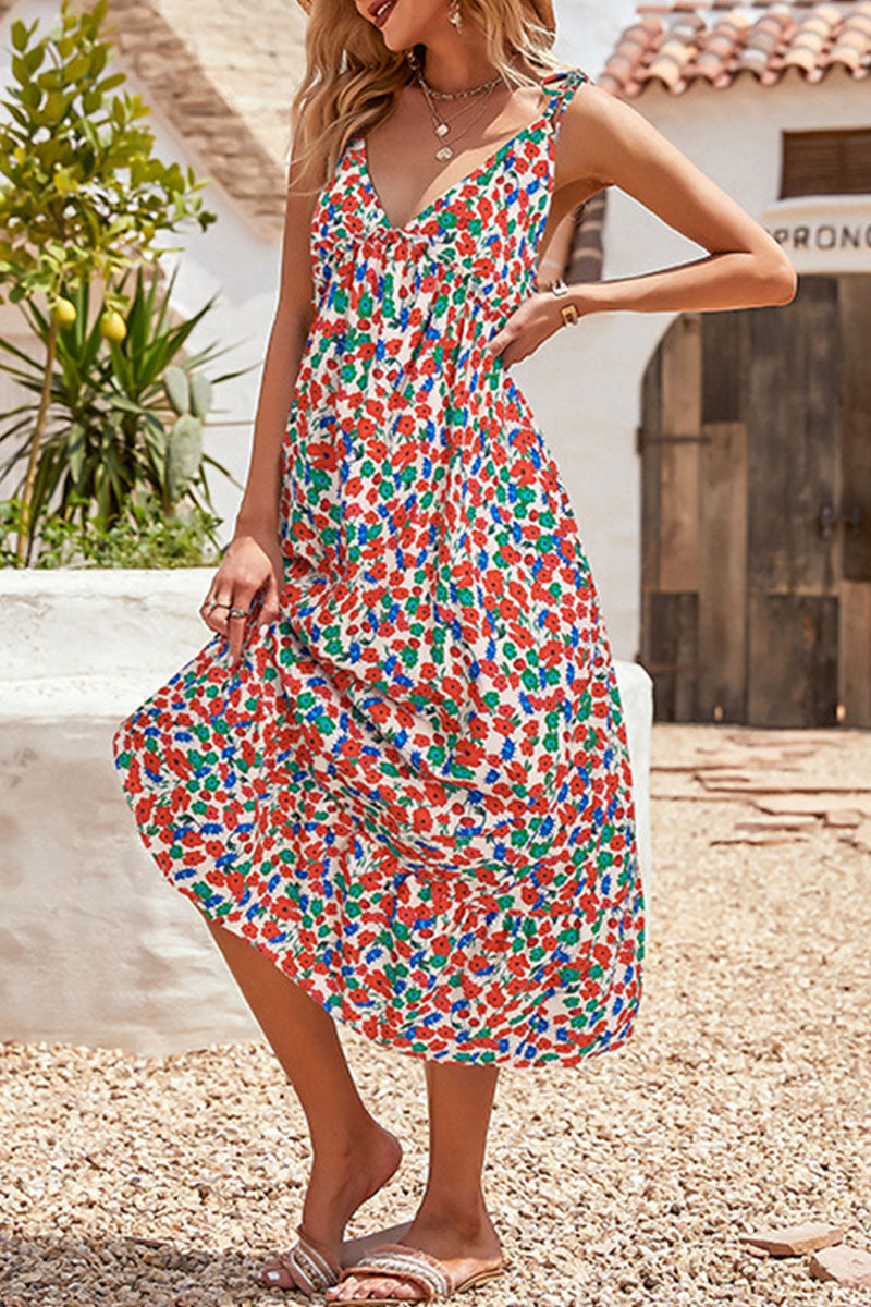 Fashion Elegant Print Split Joint V Neck A Line Dresses