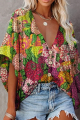 Fashion Elegant Floral Buckle V Neck Tops(5 Colors)