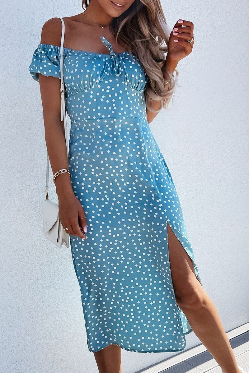 Fashion Elegant Floral Polka Dot Frenulum Slit Off the Shoulder A Line Dresses