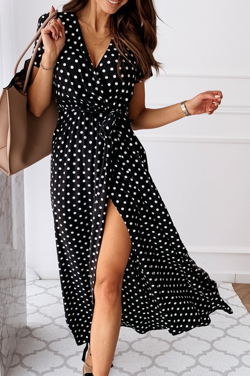 Fashion Elegant Polka Dot Frenulum Slit V Neck A Line Dresses(4 Colors)