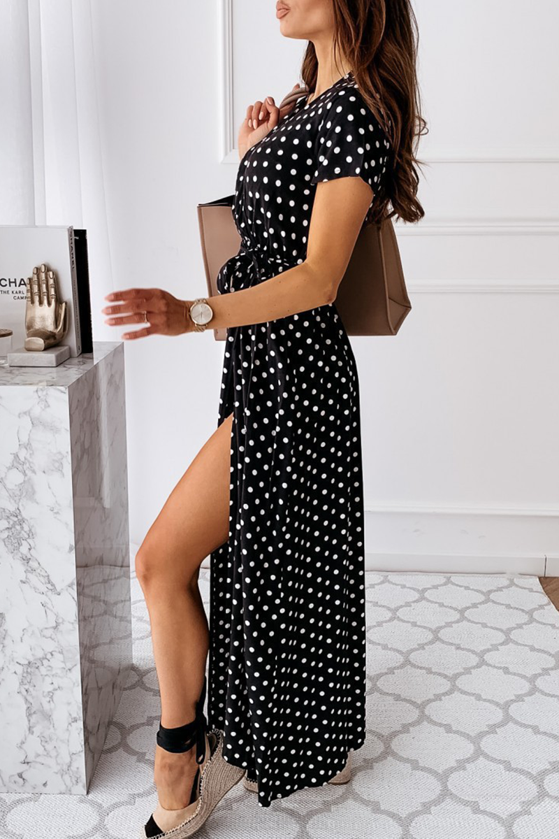 Fashion Elegant Polka Dot Frenulum Slit V Neck A Line Dresses(4 Colors)