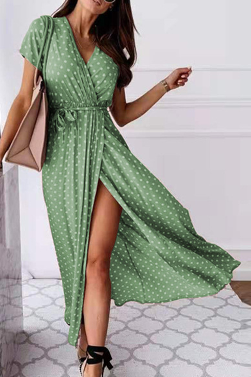 Fashion Elegant Polka Dot Frenulum Slit V Neck A Line Dresses(4 Colors)