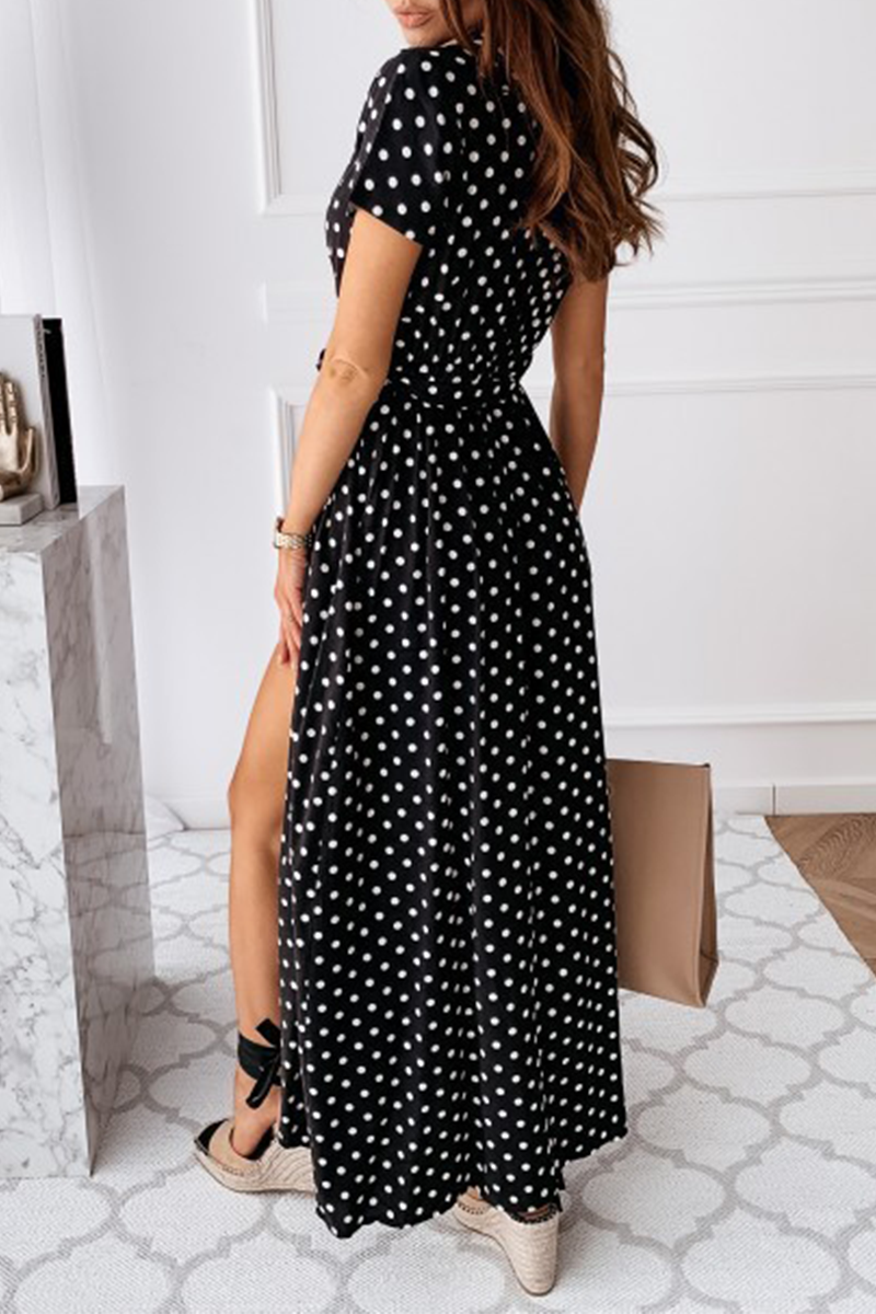 Fashion Elegant Polka Dot Frenulum Slit V Neck A Line Dresses(4 Colors)