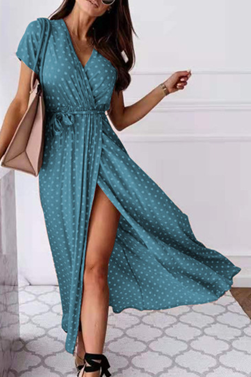 Fashion Elegant Polka Dot Frenulum Slit V Neck A Line Dresses(4 Colors)