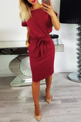 Fashion Elegant Solid Frenulum Fold O Neck Wrapped Skirt Dresses