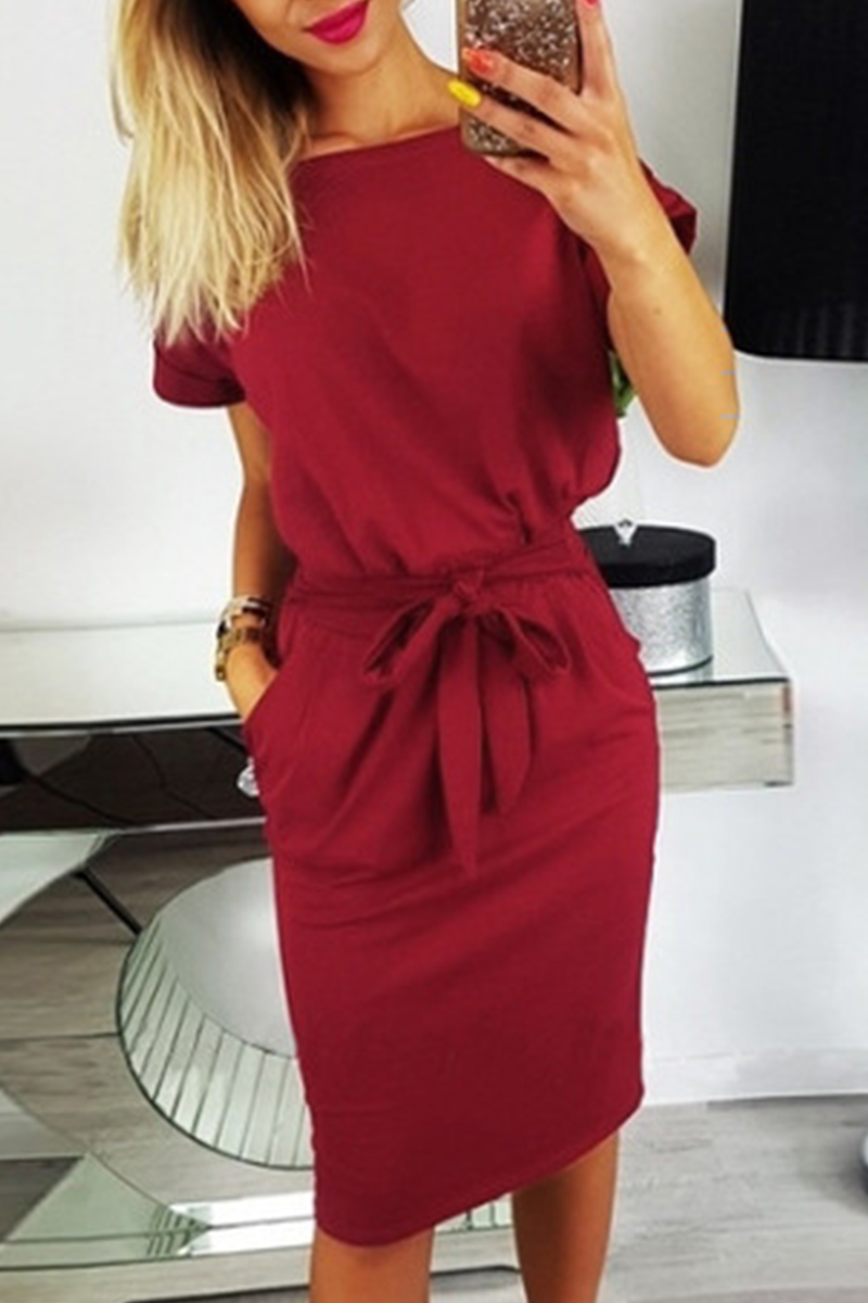 Fashion Elegant Solid Frenulum Fold O Neck Wrapped Skirt Dresses