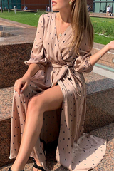 Fashion Elegant Polka Dot Split Joint With Belt V Neck Dresses