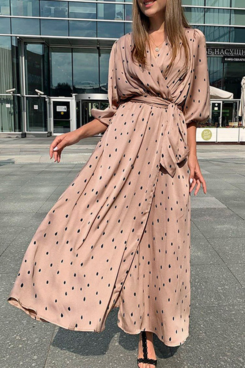 Fashion Elegant Polka Dot Split Joint With Belt V Neck Dresses
