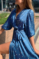 Fashion Elegant Polka Dot Split Joint With Belt V Neck Dresses