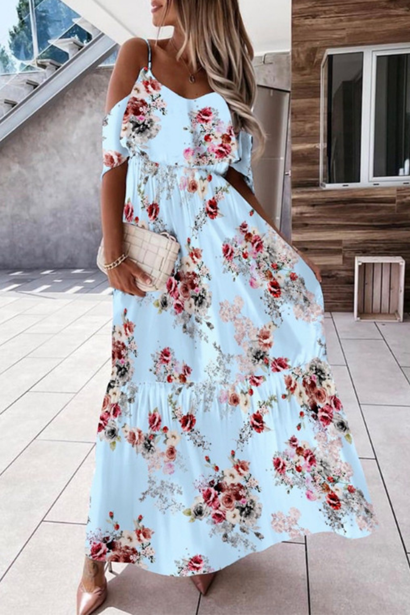 Fashion Elegant Floral Split Joint Flounce V Neck A Line Dresses