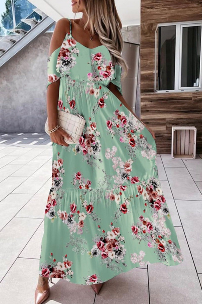 Fashion Elegant Floral Split Joint Flounce V Neck A Line Dresses