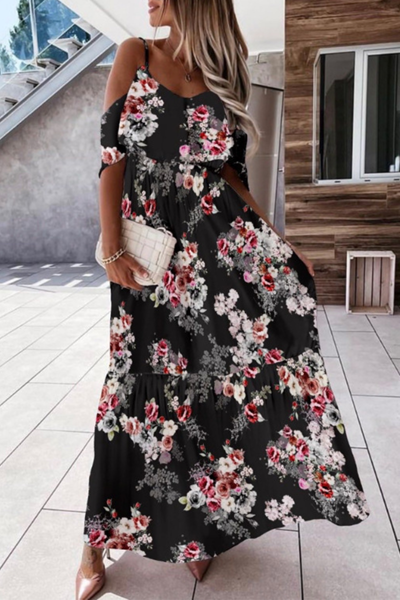 Fashion Elegant Floral Split Joint Flounce V Neck A Line Dresses