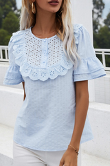 Fashion Elegant Solid Hollowed Out Buckle Flounce O Neck Tops