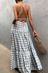 Casual Vacation Plaid Frenulum Backless Halter Dresses