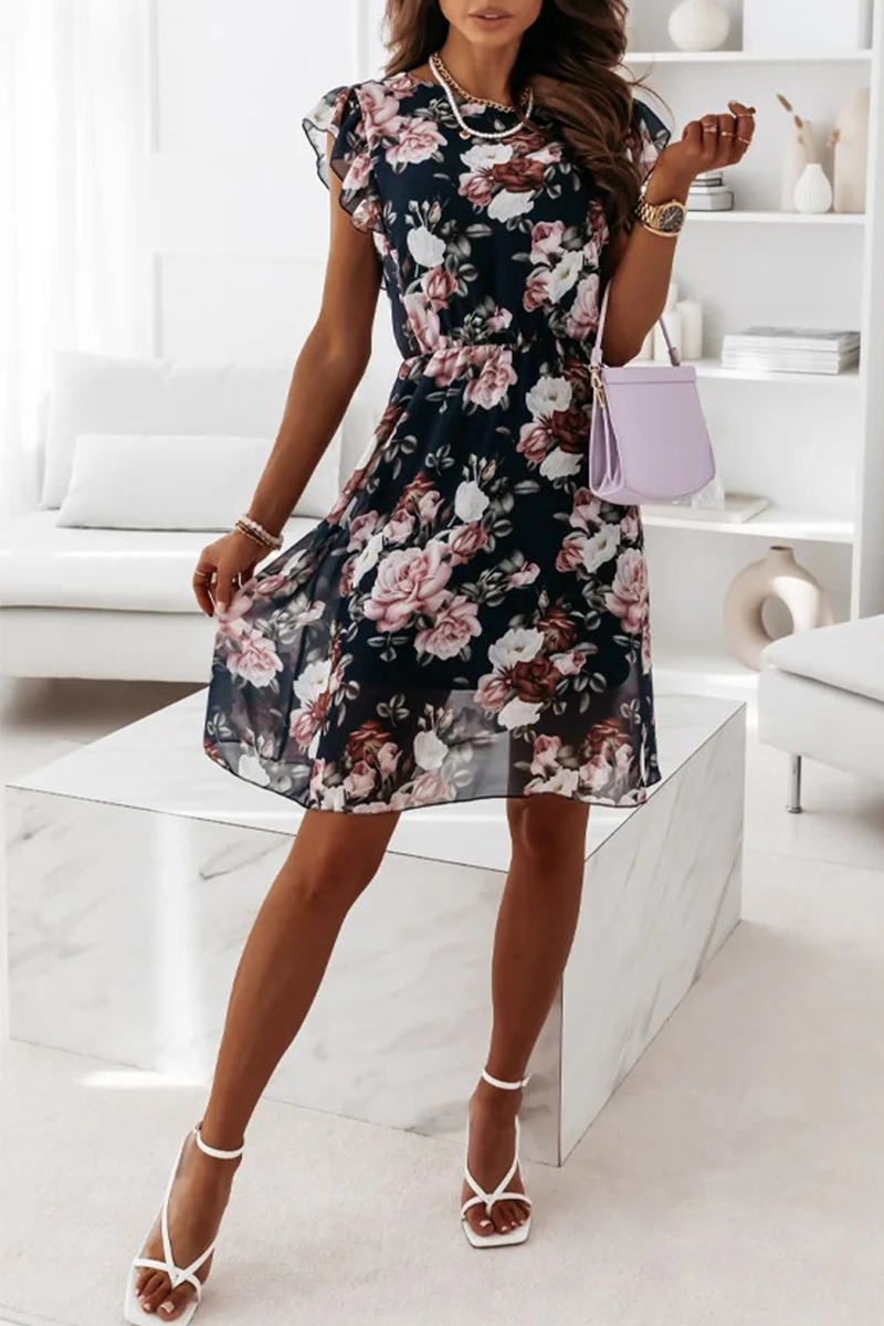 Fashion Elegant Floral Flounce O Neck A Line Dresses