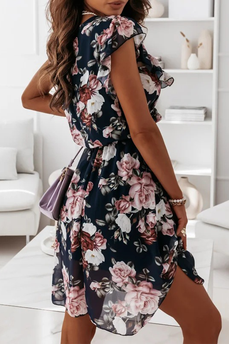 Fashion Elegant Floral Flounce O Neck A Line Dresses