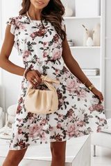 Fashion Elegant Floral Flounce O Neck A Line Dresses