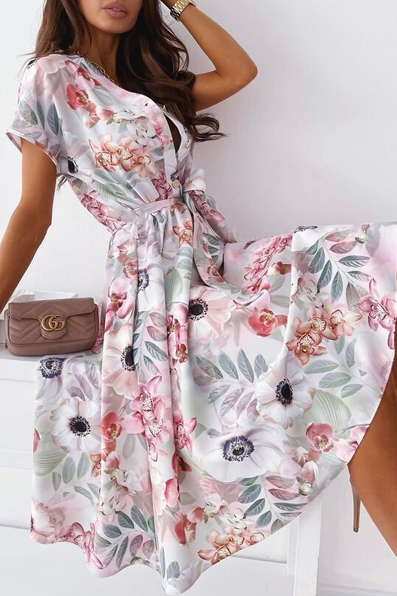 Fashion Elegant Print Buckle With Belt V Neck A Line Dresses