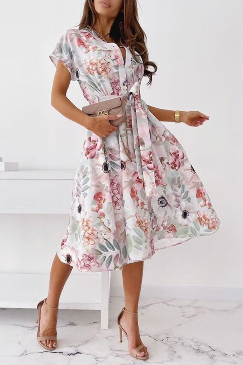 Fashion Elegant Print Buckle With Belt V Neck A Line Dresses