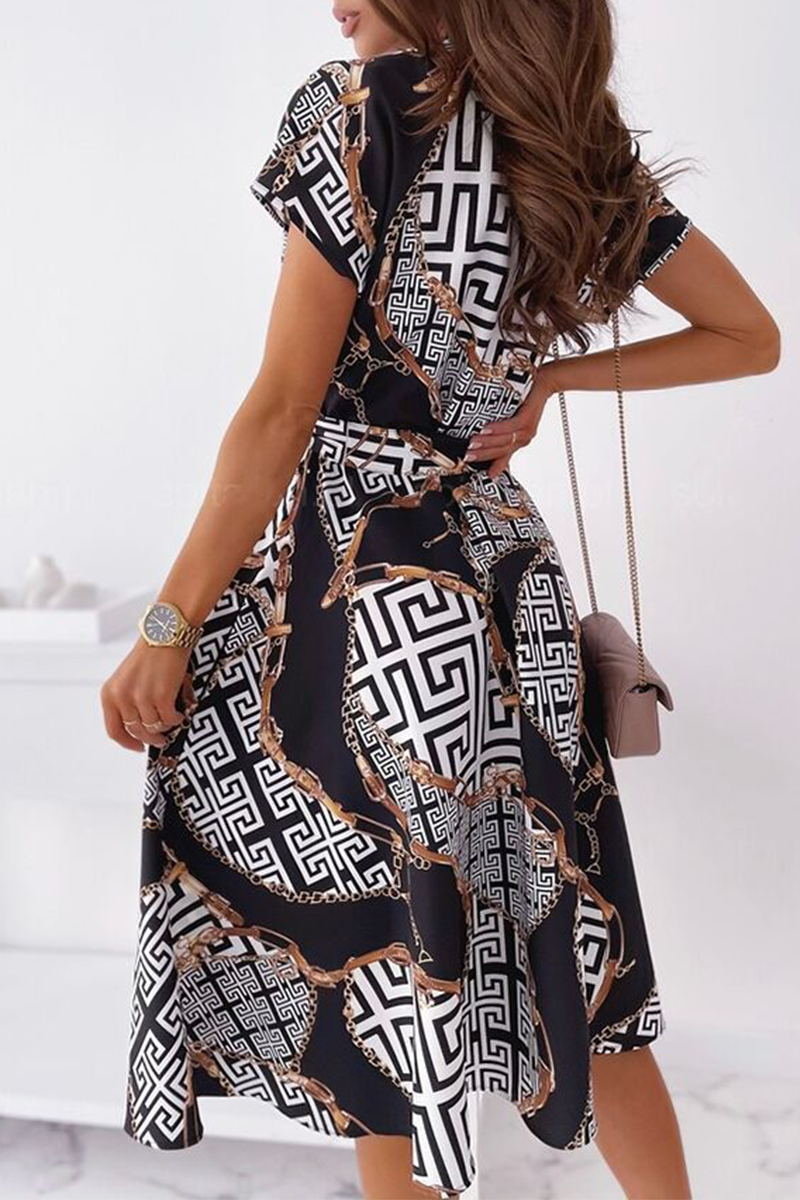 Fashion Elegant Print Buckle With Belt V Neck A Line Dresses