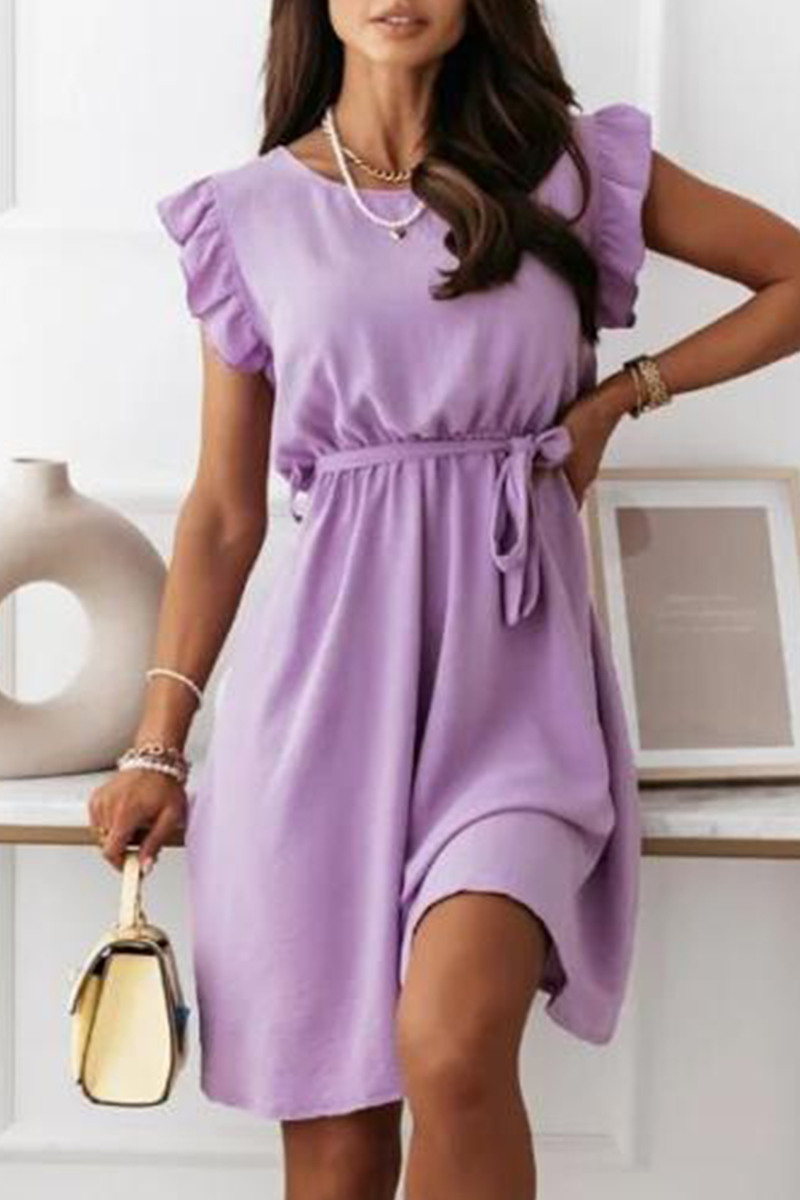 Fashion Elegant Solid Flounce With Belt O Neck A Line Dresses