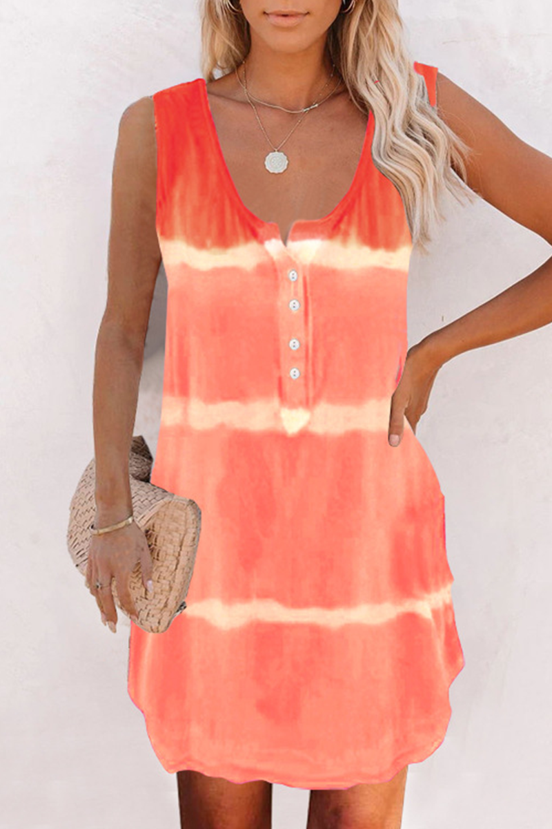 Casual Striped Tie Dye Buckle O Neck A Line Dresses(7 Colors)