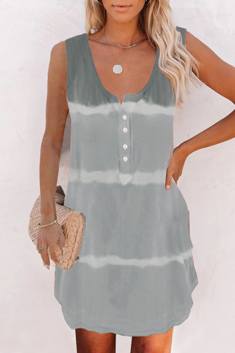 Casual Striped Tie Dye Buckle O Neck A Line Dresses(7 Colors)