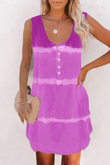 Casual Striped Tie Dye Buckle O Neck A Line Dresses(7 Colors)