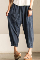 Casual Striped Pocket Capris Loose Harlan Full Print Bottoms