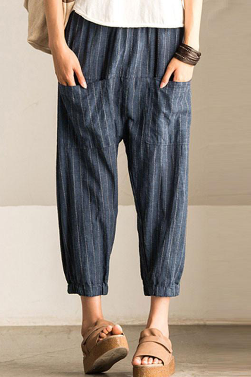 Casual Striped Pocket Capris Loose Harlan Full Print Bottoms