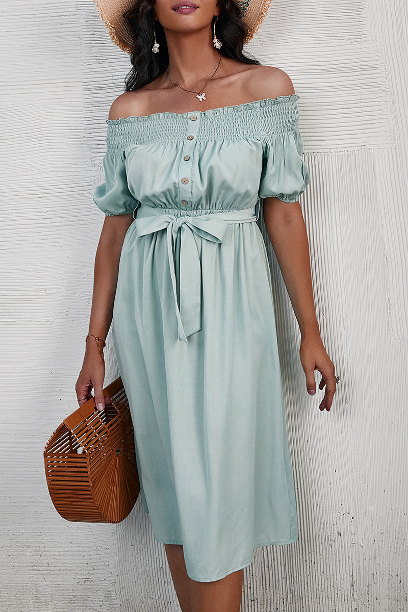 Fashion Elegant Solid Buckle With Belt Off the Shoulder A Line Dresses