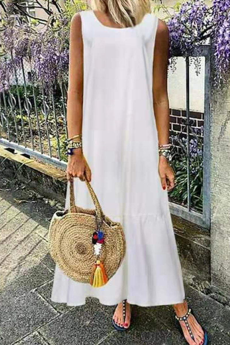 Casual Solid Flounce O Neck A Line Maxi Dresses