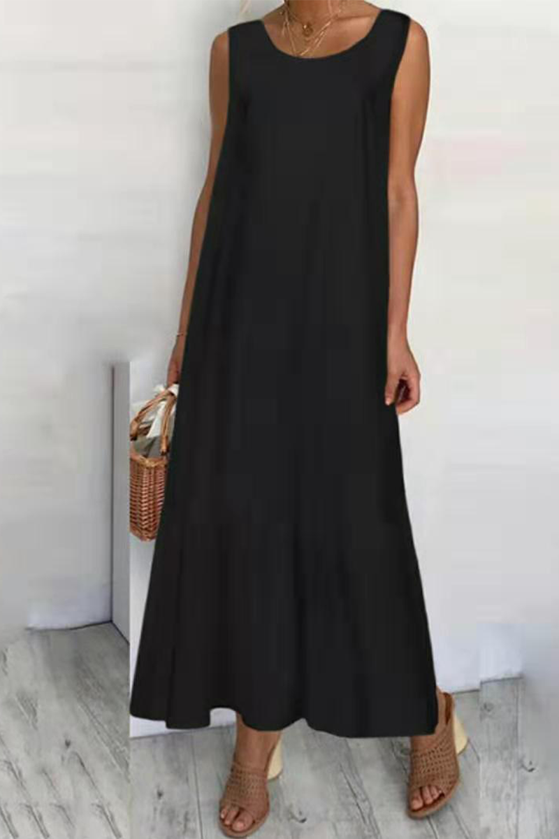 Casual Solid Flounce O Neck A Line Maxi Dresses