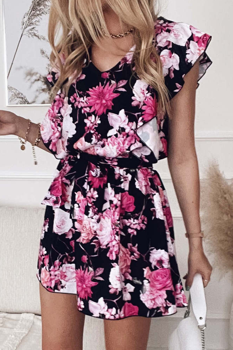 Fashion Elegant Floral Frenulum Flounce V Neck Waist Skirt Dresses